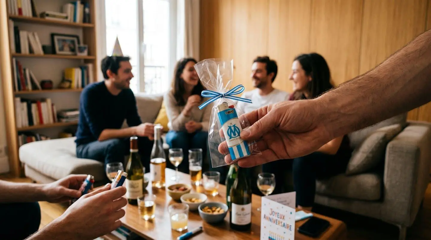 Main tendant un briquet édition football emballé dans un sachet cadeau transparent, sur fond de table basse avec verres en ambiance conviviale
