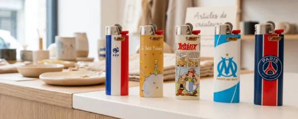 Sélection de briquets décorés disposés sur un comptoir contemporain : éditions FFF, Le Petit Prince, Astérix, OM et PSG, photographiés en lumière naturelle