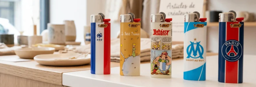 Sélection de briquets décorés disposés sur un comptoir contemporain : éditions FFF, Le Petit Prince, Astérix, OM et PSG, photographiés en lumière naturelle