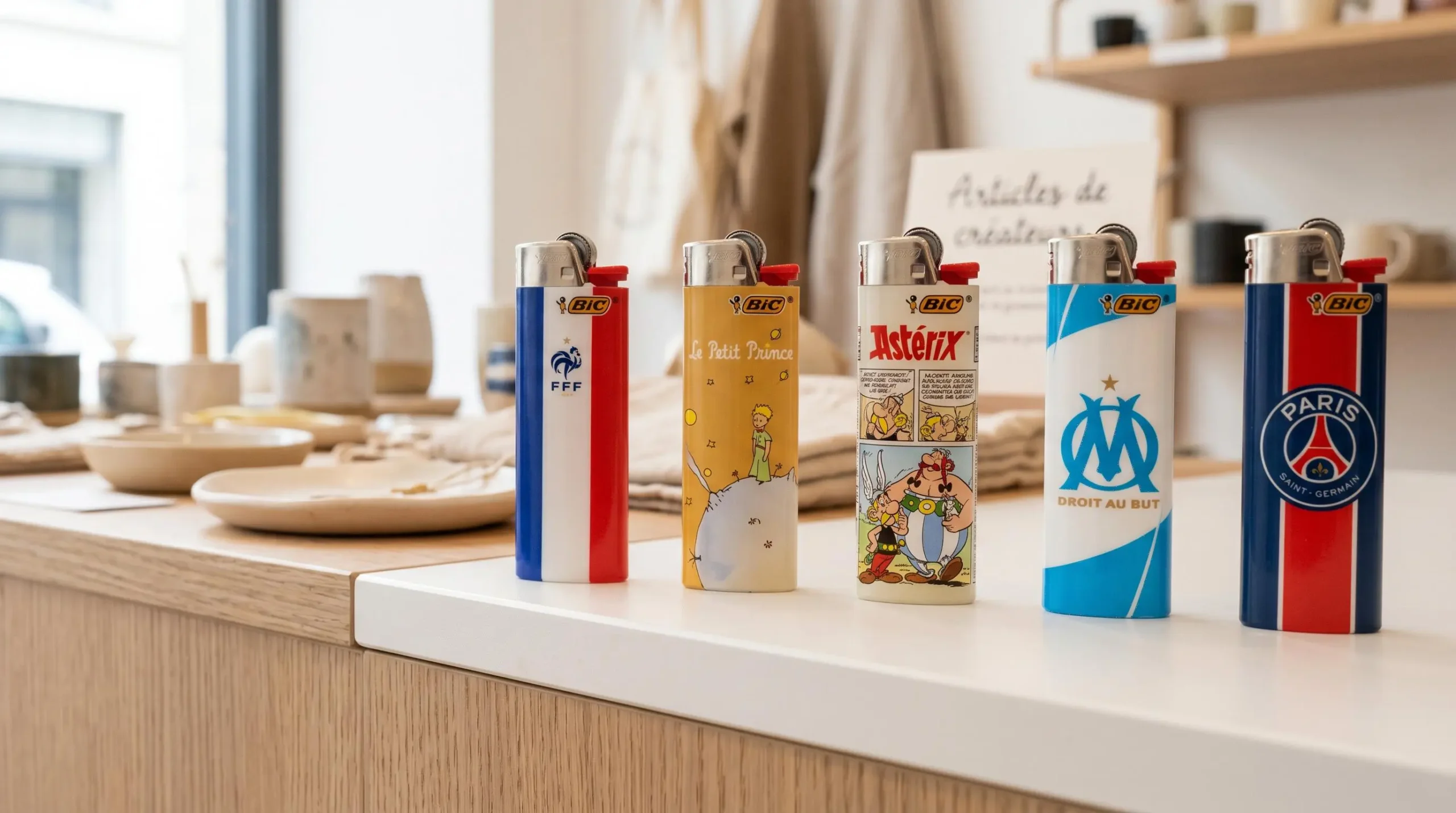 Sélection de briquets décorés disposés sur un comptoir contemporain : éditions FFF, Le Petit Prince, Astérix, OM et PSG, photographiés en lumière naturelle